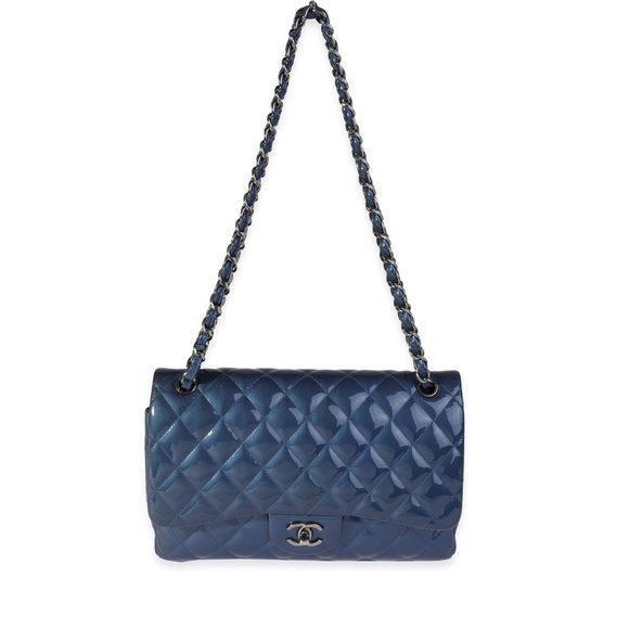 Chanel Blue Quilted Patent Leather Jumbo Classic Double Flap Bag - Picture 4 of 8